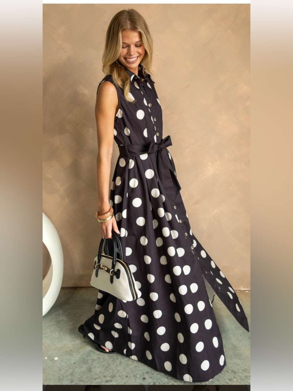Sleeveless Black Maxi Dress with White Polka Dots and Waist Tie